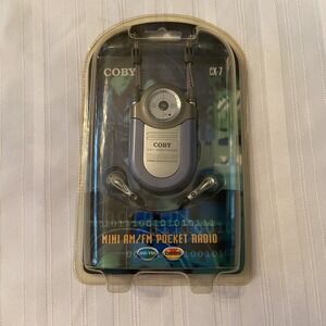 COBY CX-7 Mini AM/FM Pocket Portable Radio With Neck Strap Blue Built-in Belt‎